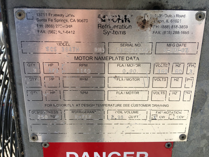 Frick SCS 364TH RH2 Ammonia Evaporator Coil - 11.4375 TR 3 Fans (Low/Medium Temperature) Frick/York 