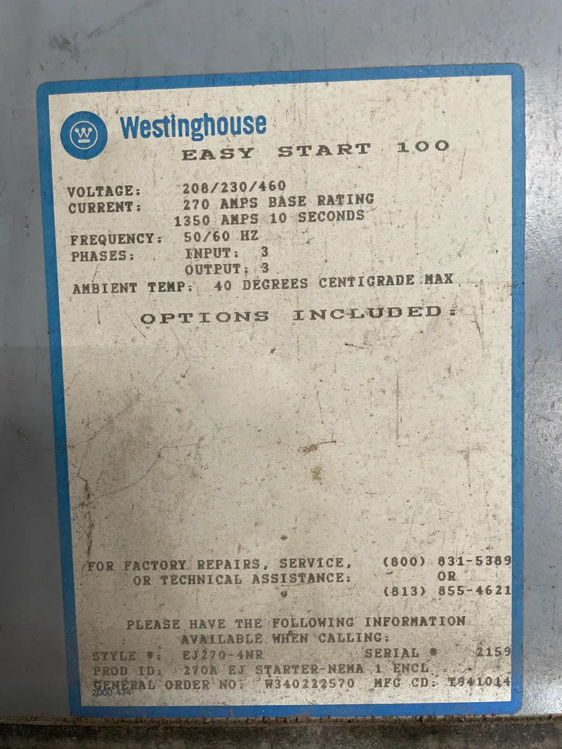 Westinghouse EJ270-4NR Soft Motor Starter (50 HP)