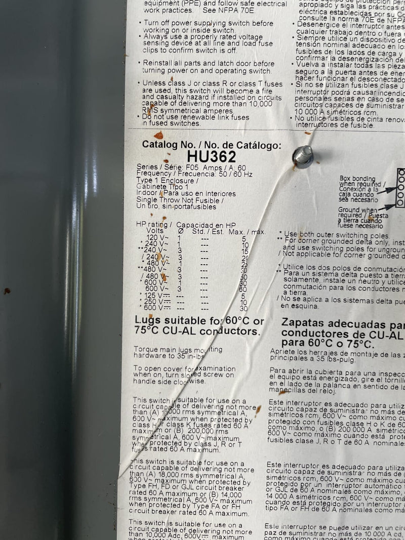 Interruptor de seguridad resistente de 60 amperios HU362 de Square D Company