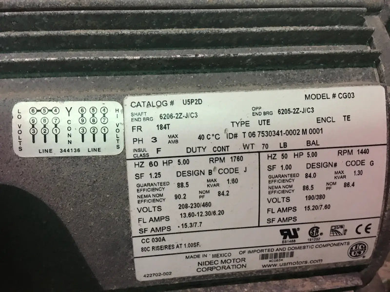 US Motors CG03 Motor (5 HP, 1760 RPM, 208-230/460V)