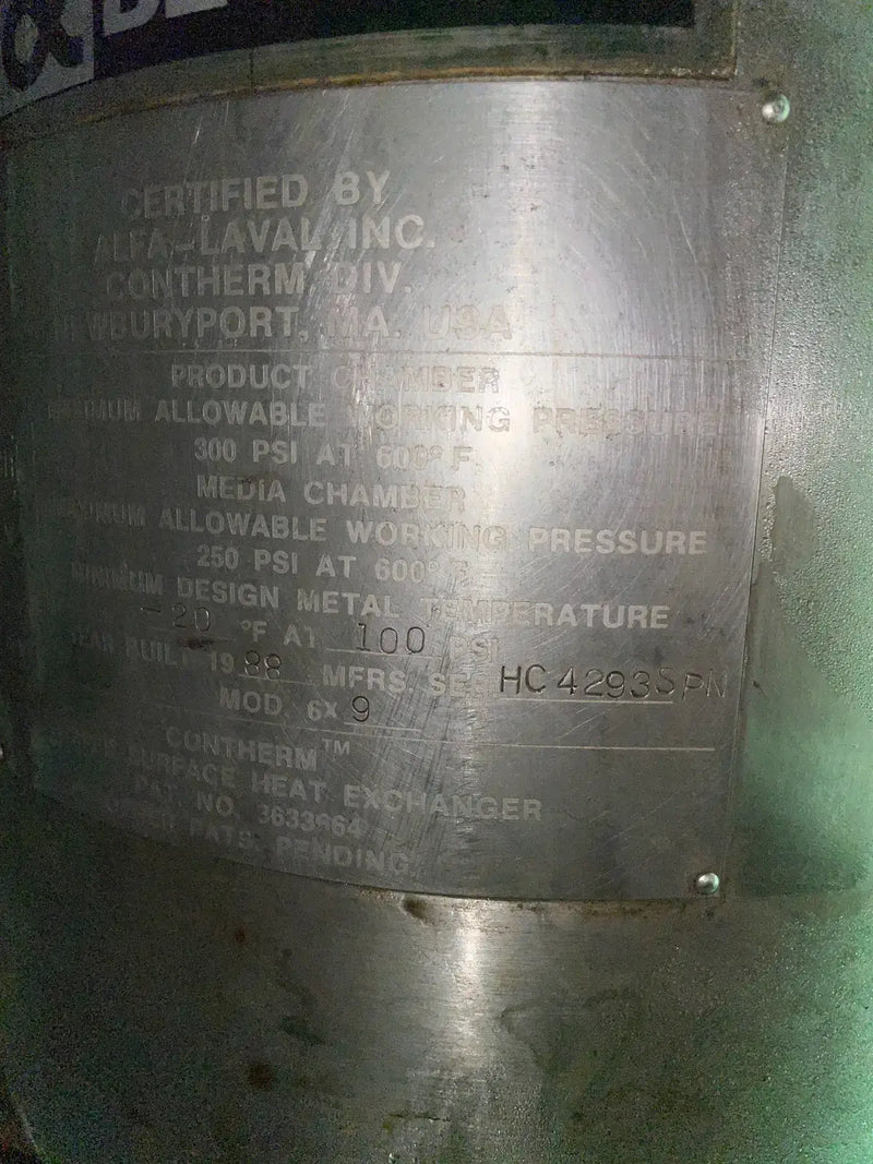 Alfa Laval Contherm 6x9 Votator Surface Scraped Heat Exchanger