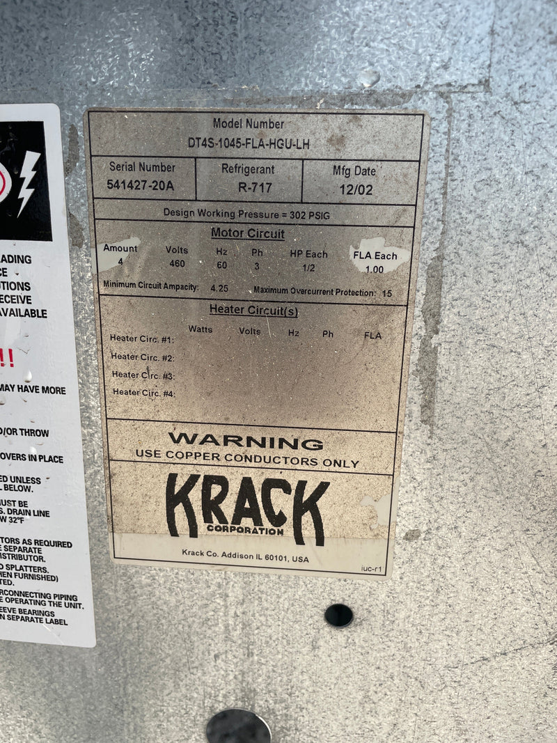 Krack DT4S-1045-FLA-HGU-RH 4-Fan Ammonia Evaporator Coil- 13 TR 4 Fans (Low Temperature) Krack 