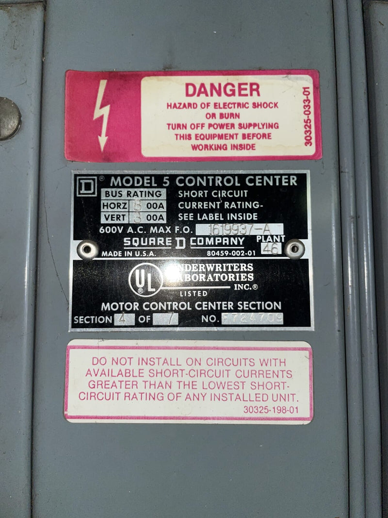 Square D Company 3 Section Motor Control Center (600 Amp, 60 Hz, 3 Ph)