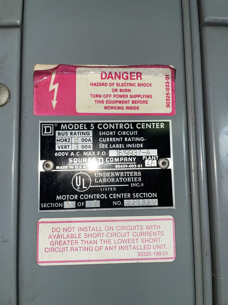 Square D Company 3 Section Motor Control Center (600 Amp, 60 Hz, 3 Ph)