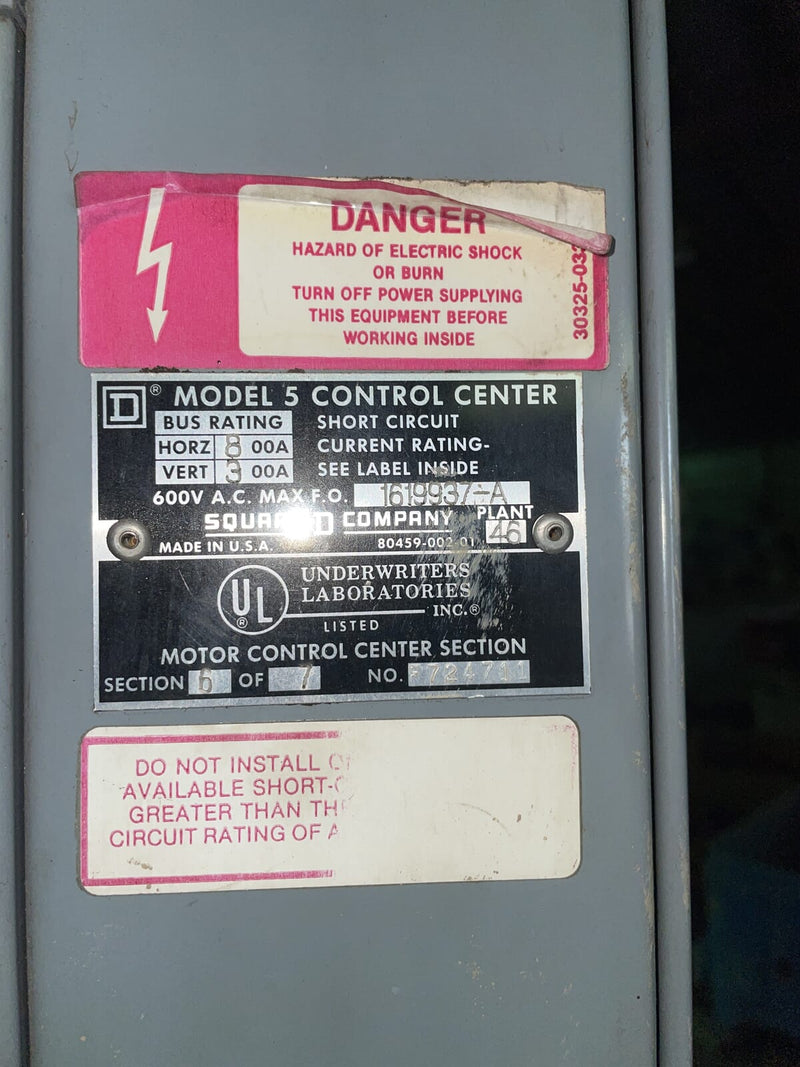 Square D Company 3 Section Motor Control Center (600 Amp, 60 Hz, 3 Ph)