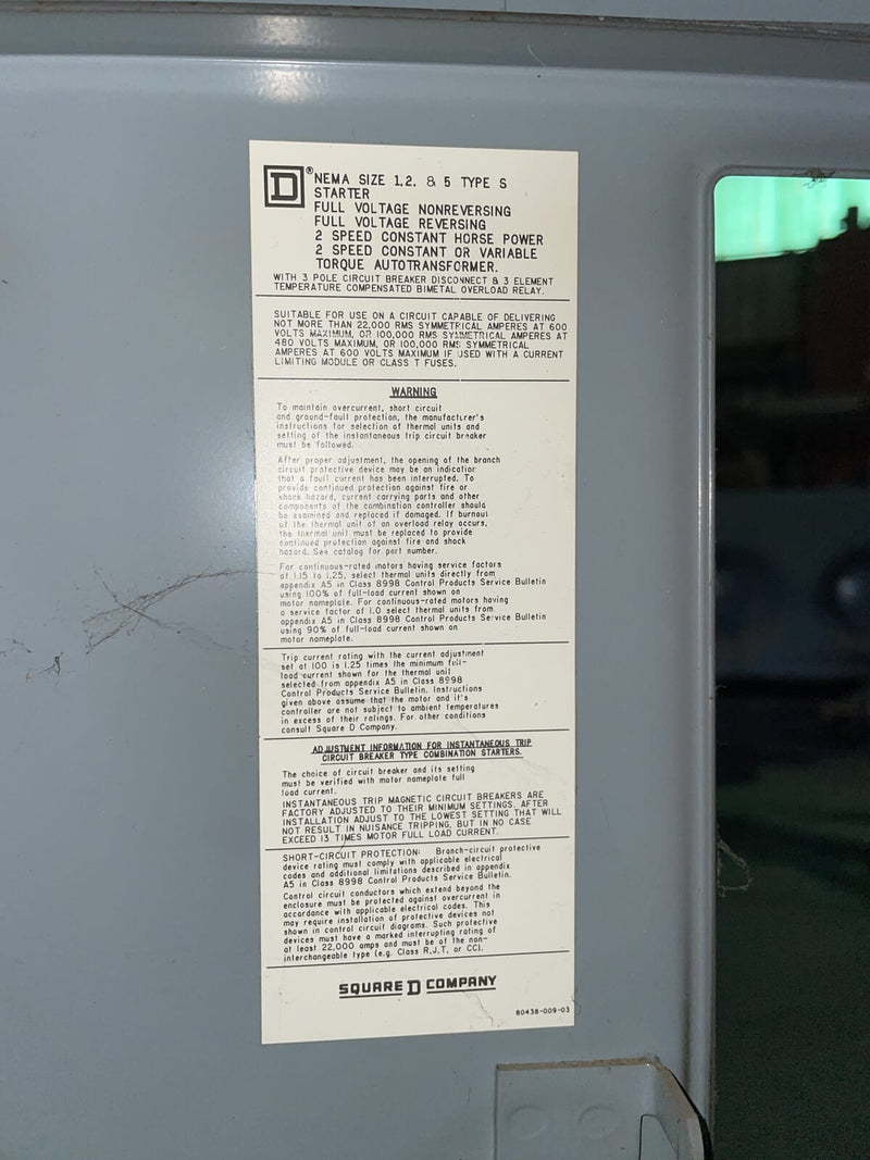Square D Company 3 Section Motor Control Center (600 Amp, 60 Hz, 3 Ph)