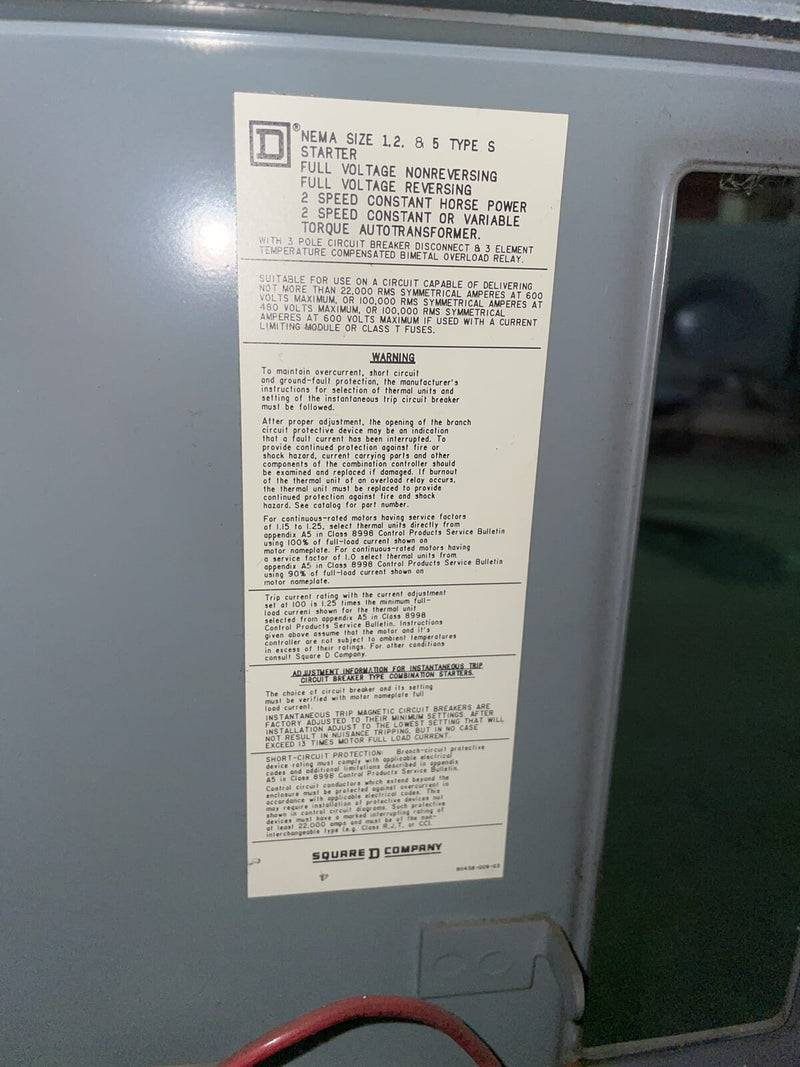 Square D Company 3 Section Motor Control Center (600 Amp, 60 Hz, 3 Ph)