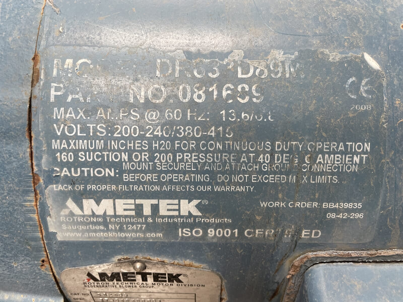 Soplador regenerativo AMETEK Rotron DR833 (5 HP, 3450 RPM)
