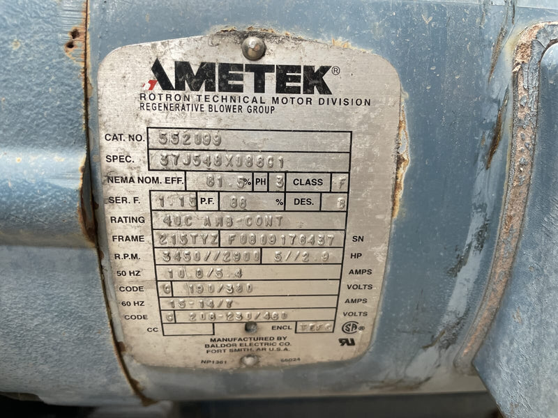 Soplador regenerativo AMETEK Rotron DR833 (5 HP, 3450 RPM)