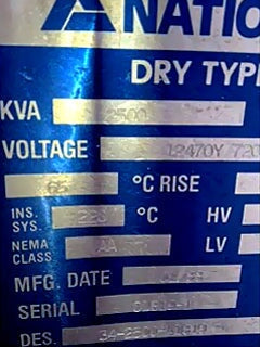 National Industries 2500 KVA Dry Type Transformer Nelson Industries Inc. 