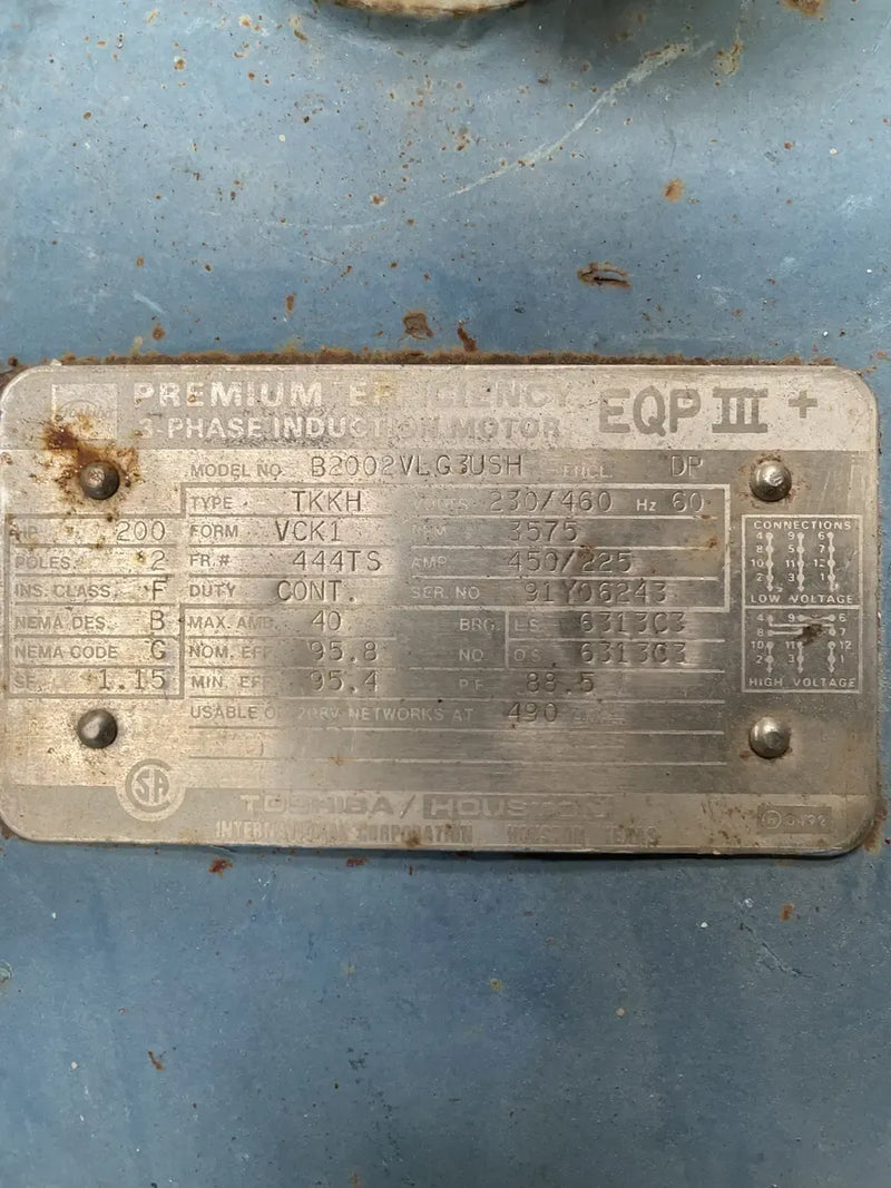 ToshibaB2002VLG3USH Screw Compessor Motor (200 HP, 3575 RPM, 230/460 V)