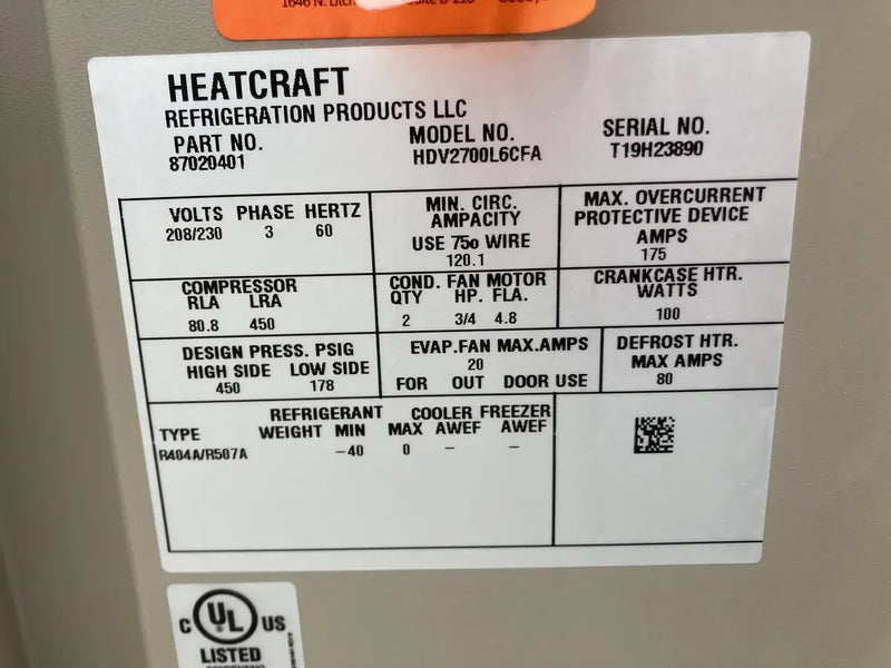 Unidad de condensación vertical de baja temperatura Heatcraft HDV2700L6CFA