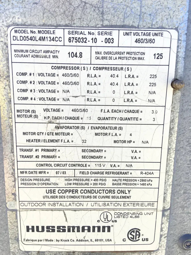 Condensador vertical Hussmann Modelo No: DLD0540L4M134CC.