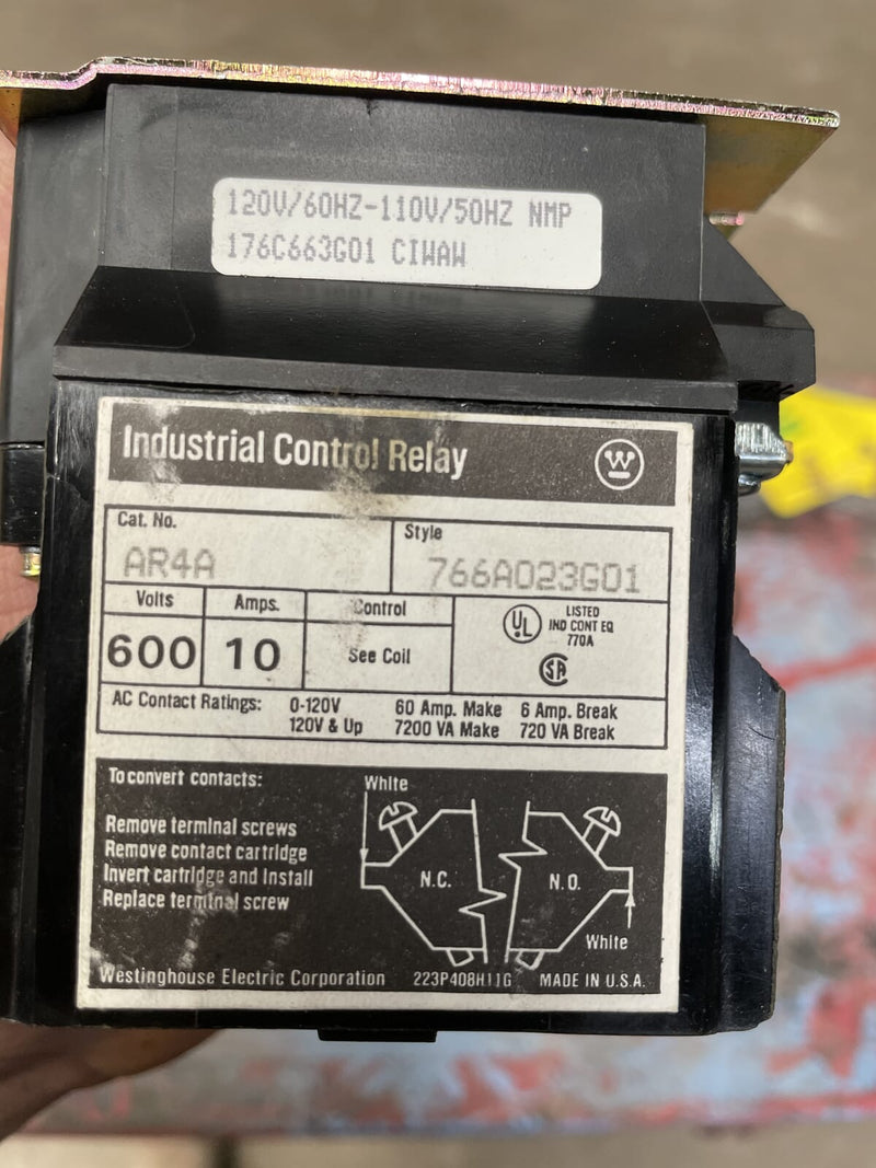 Westinghouse AR4A Industrial Control Relay without Cartridges ( 4 Poles, 120V/60 Hz-110V/50Hz )