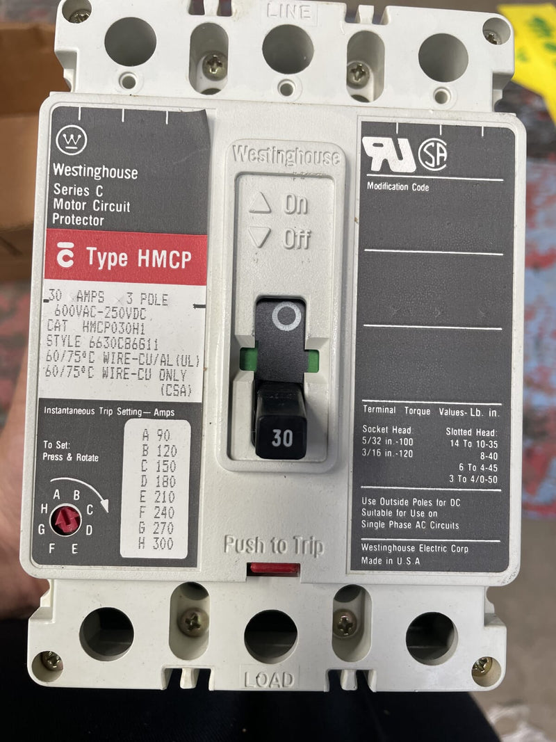 Westinghouse HMCP030H1 Series C Motor Circuit Protector ( 30 Amp, 3 Pole, 600 VAC-250 VDC)