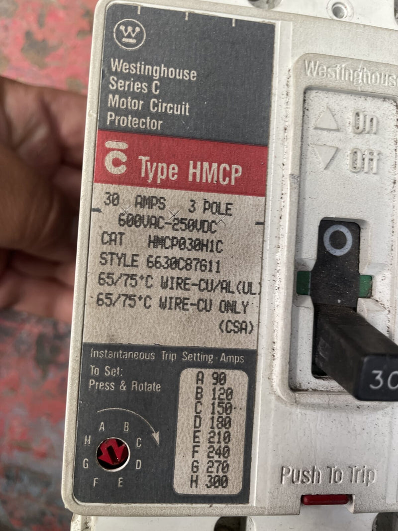 Westinghouse HMCP030H1 Series C Motor Circuit Protector ( 30 Amp, 3 Pole, 600 VAC-250 VDC)