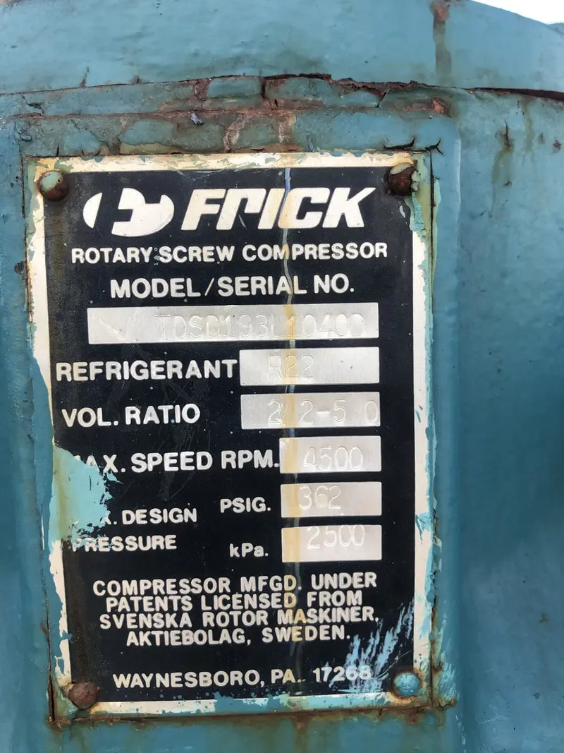 Paquete de compresor de tornillo rotativo Frick RWB-11-134H (TDSD193L, 300HP 460V, panel de actualización Frick Quantum HD)