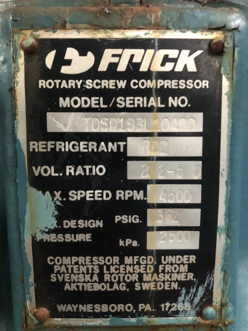 Paquete de compresor de tornillo rotativo Frick RWB-11-134H (TDSD193L, 300HP 460V, panel de actualización Frick Quantum HD)