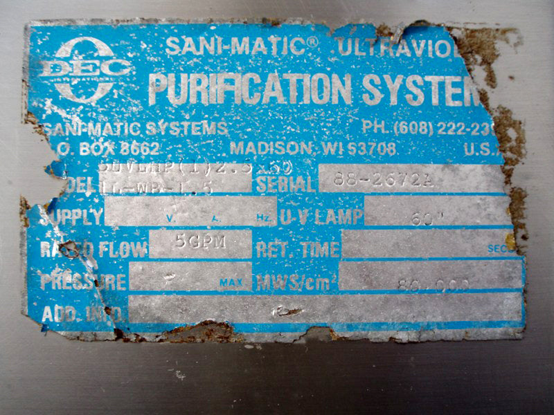 Sani-Matic Systems Single Tube Ultra-Violet Water Purification Unit Sani-Matic 