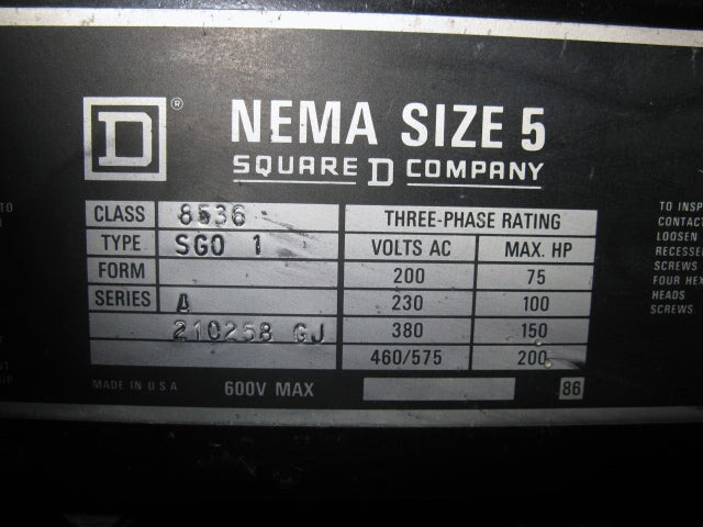 Square D Company WYE Delta Motor Starter – 200 HP Square D 