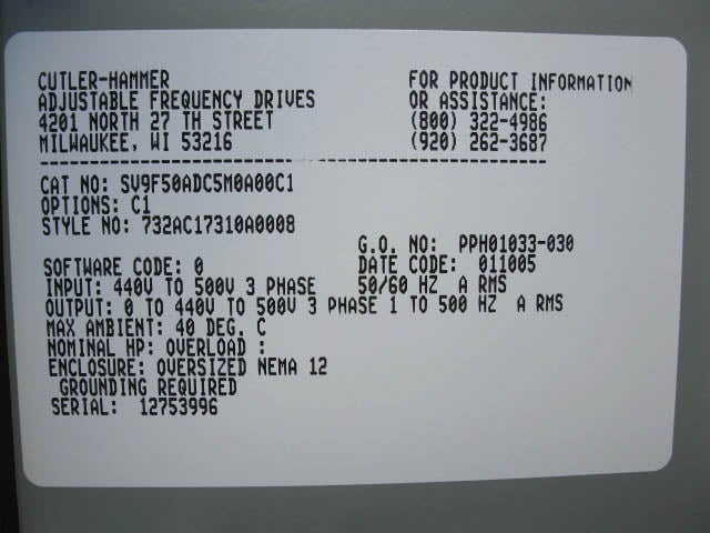 Unused Cutler-Hammer SV9000 Series Adjustable Frequency Drive - 5 HP Cutler Hammer 