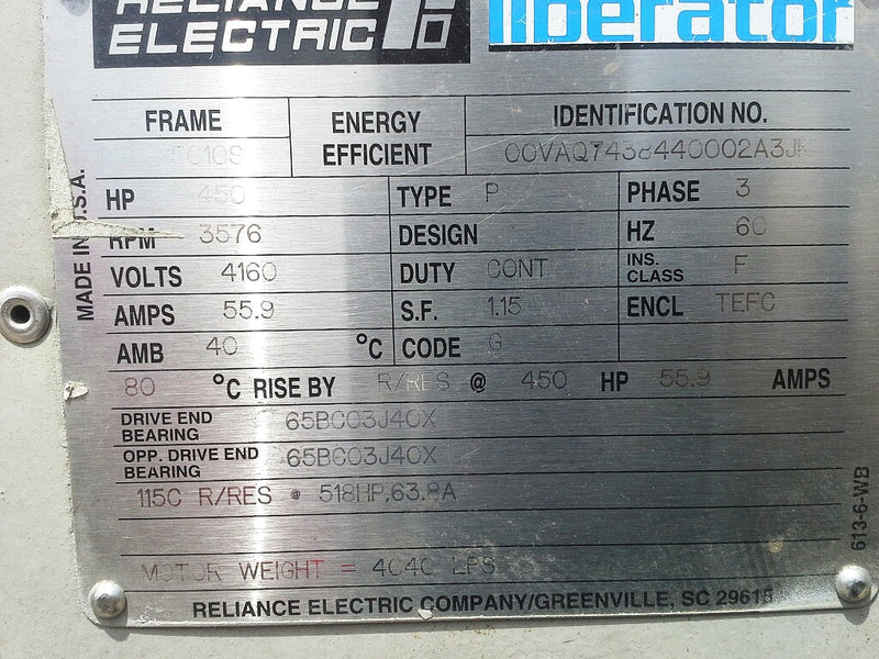 Unused Reliance Electric 4160V Liberator Motor - 450 HP Reliance Electric 