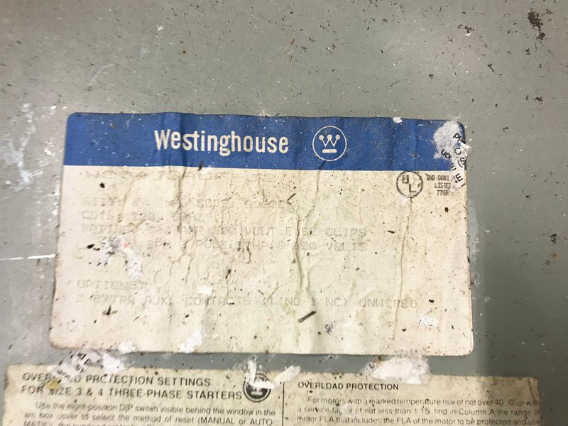 Westinghouse 460V Motor Starter - 50 HP Westinghouse 