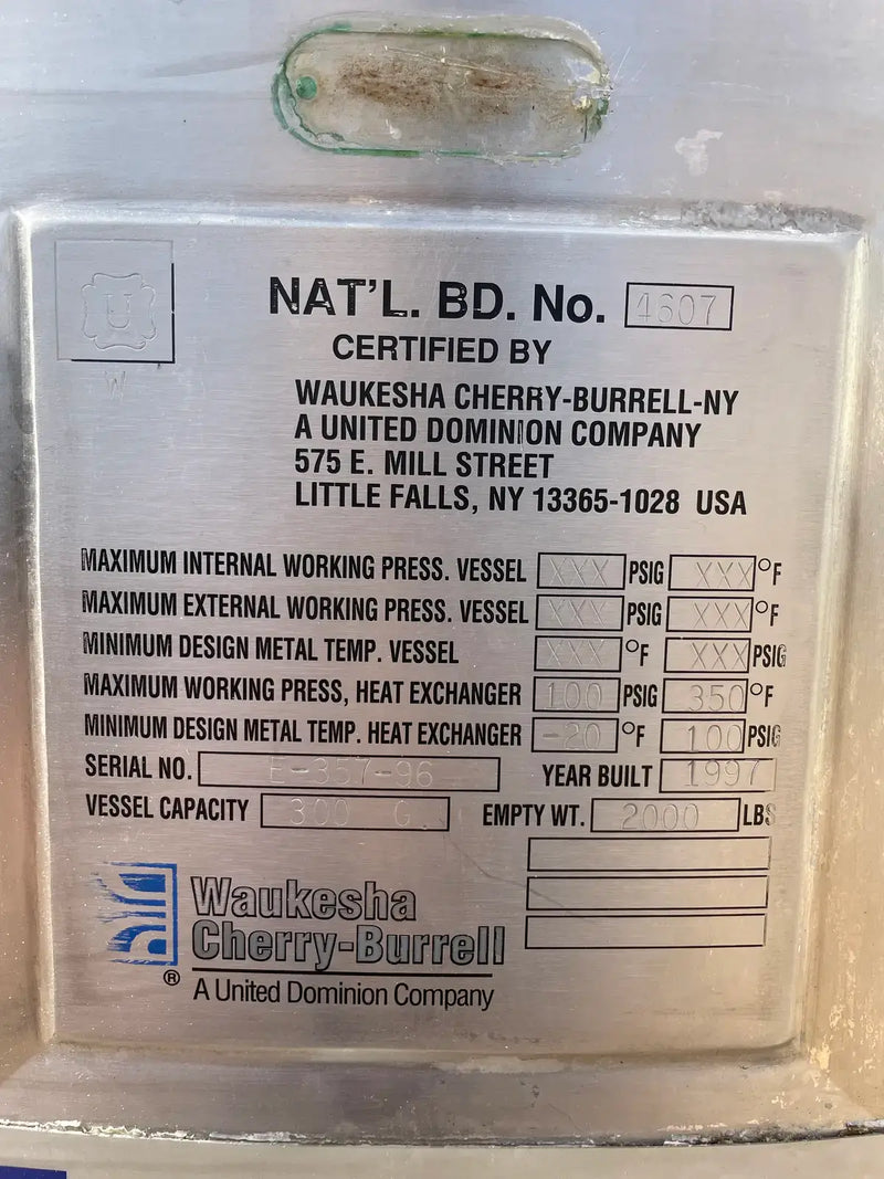 Waukesha Cherry-Burrell Process Mixing Agitator Tank Package (300 Gal)